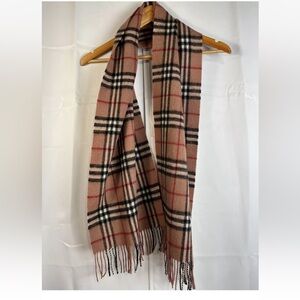 O My Cashmere Lamb Wool Cashmere Tan Black Plaid Fringe Scarf 60”x12”